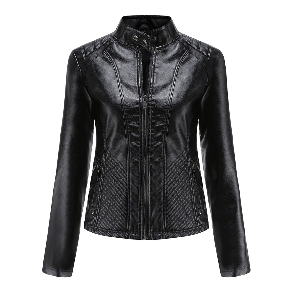 Damen nan taillierte Kunstlederjacke im Bikerstil mit Stehkragen und gesteppter Seitenpartie Echo Archiv