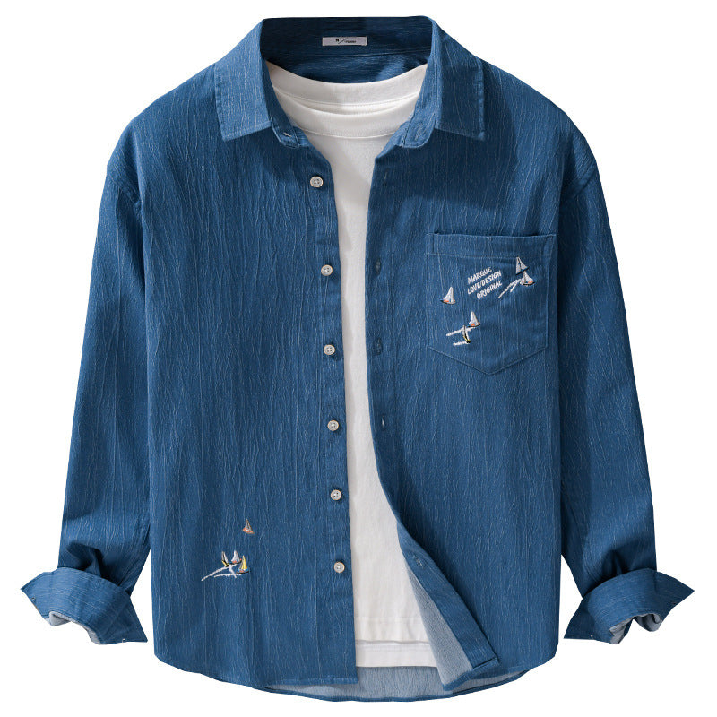 Herren Texturiertes Chambray-Overshirt mit maritimer Stickerei und Brusttasche Echoarchiv