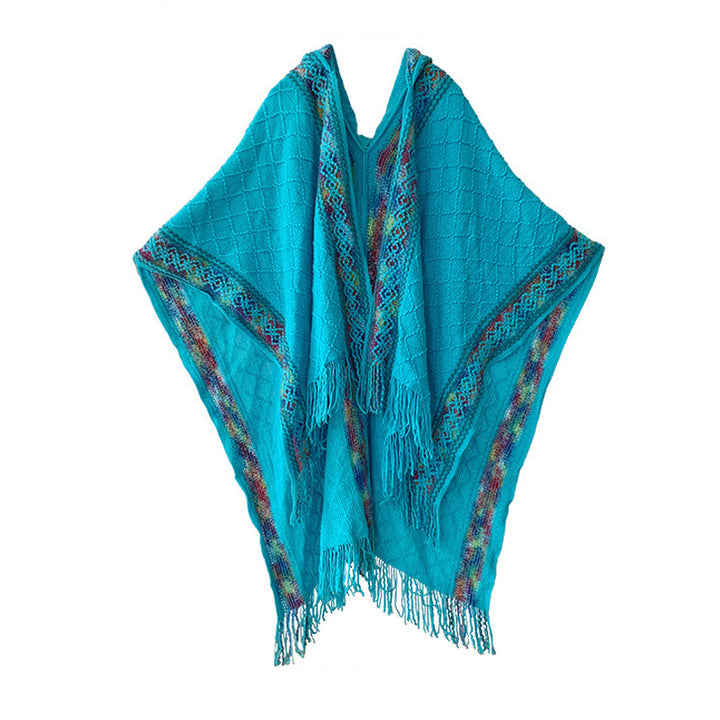 Damen Gewebter Kapuzenponcho mit Fransen und Ethno‑Bordüre – Avérine