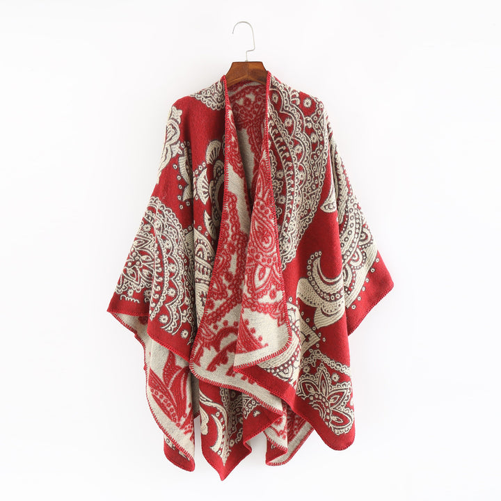 Damen Jacquard-Wollcape mit Paisley-Muster und offenem Überwurf – Avérine