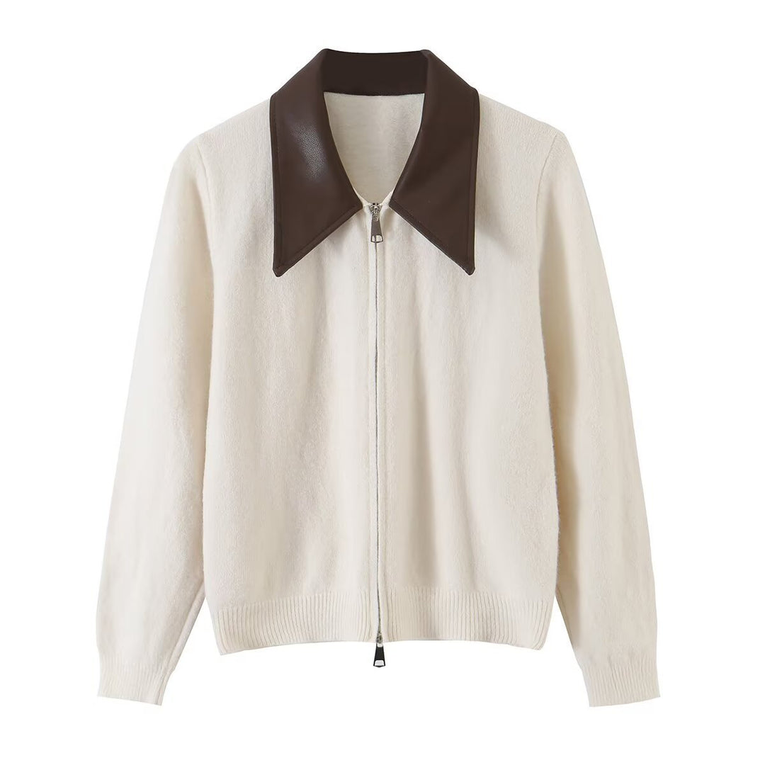 Damen Kurzer Wollmix-Cardigan mit Reißverschluss und kontrastierendem Kunstlederkragen Echoarchiv