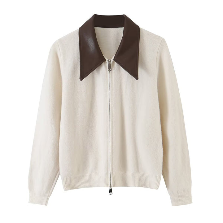 Damen Kurzer Wollmix-Cardigan mit Reißverschluss und kontrastierendem Kunstlederkragen Echoarchiv