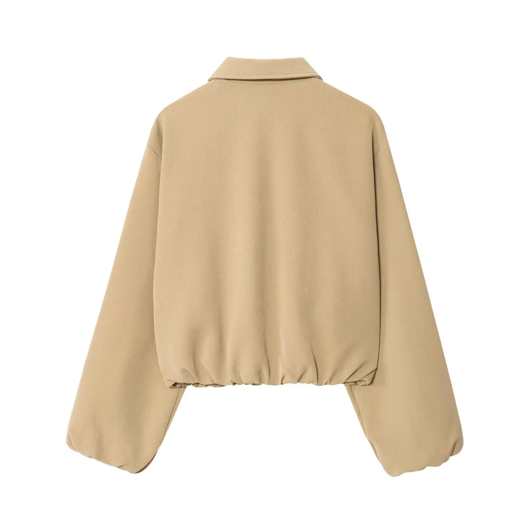 Damen cropped Blousonjacke mit Hemdkragen, verdecktem Metallreißverschluss und elastischem Saum – Célinea