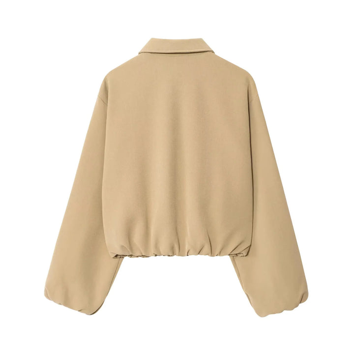 Damen cropped Blousonjacke mit Hemdkragen, verdecktem Metallreißverschluss und elastischem Saum – Célinea