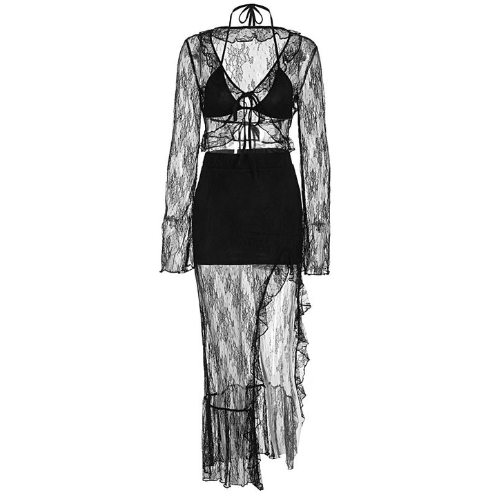 Damen Transparente Bluse mit Rüschenärmel und frechem Bindeband Echo Archiv