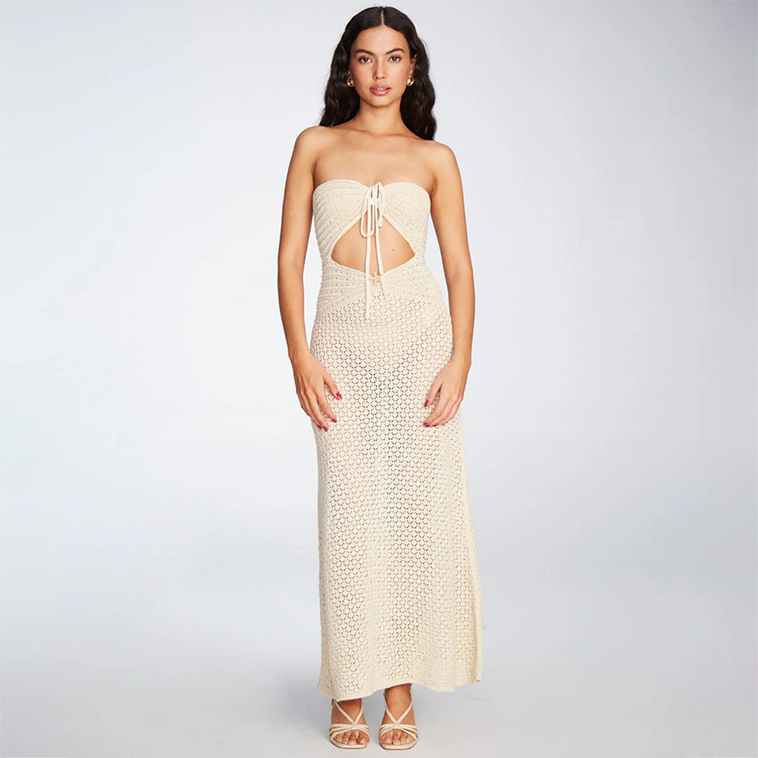 Damen gehäkeltes Maxikleid mit tiefem V-Ausschnitt und seitlichem Cut-Out Echo Archiv