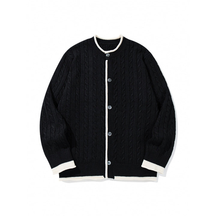 Unisex Feinstrick-Cardigan mit Zopfmuster, Rundhalsausschnitt und Kontrastblende Echo Archiv