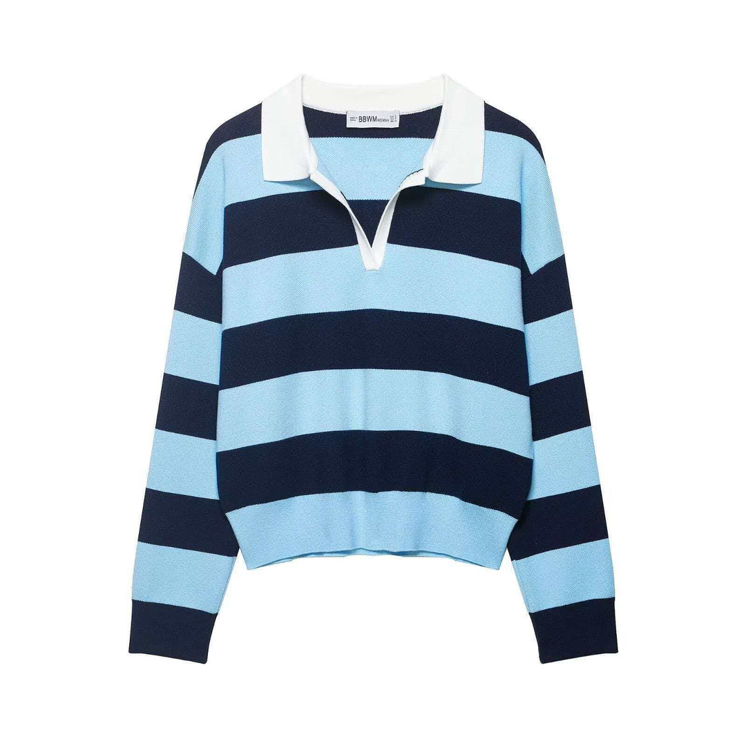 Damen nan gestreifter Rugby-Strickpullover mit Polokragen und weiter Oversize-Passform Echo Archiv