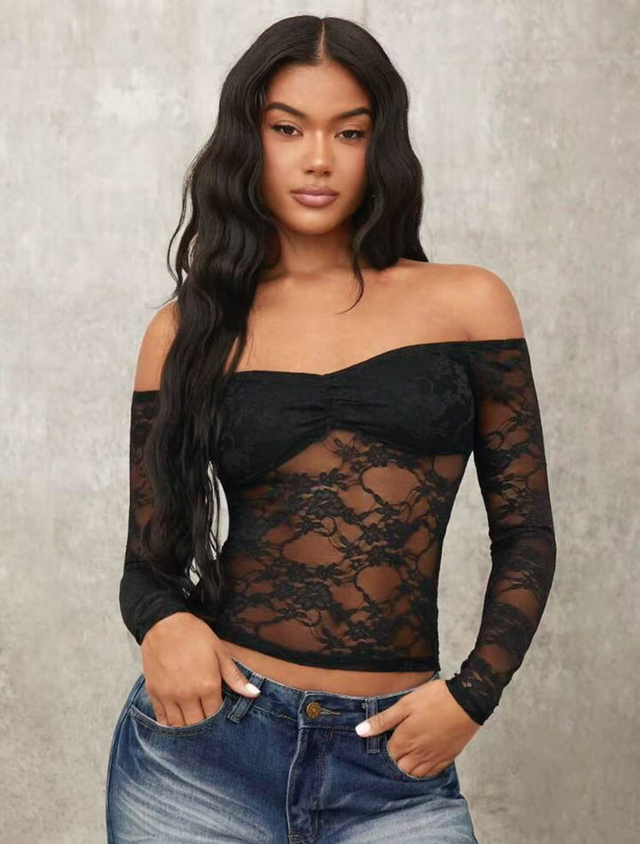 Damen Off-Shoulder Spitzenoberteil mit langen Ärmeln und romantischen Details Echo Archiv
