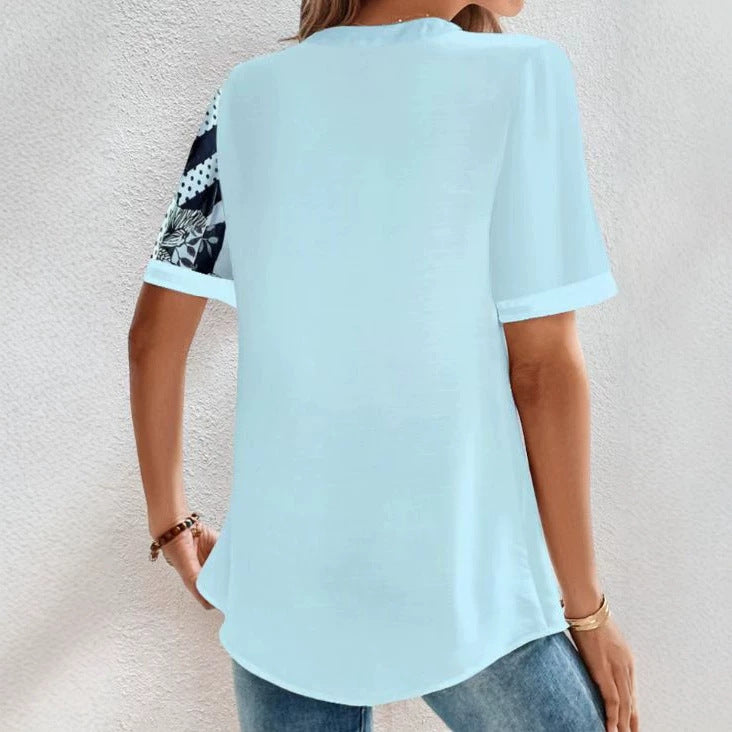 Damen nan zweigeteilte Hemdbluse mit asymmetrischem Muster-Mix, Knopfleiste und lockerer Hüftlänge Echo Archiv
