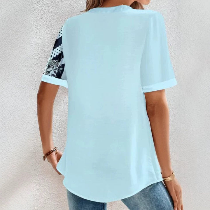 Damen nan zweigeteilte Hemdbluse mit asymmetrischem Muster-Mix, Knopfleiste und lockerer Hüftlänge Echo Archiv