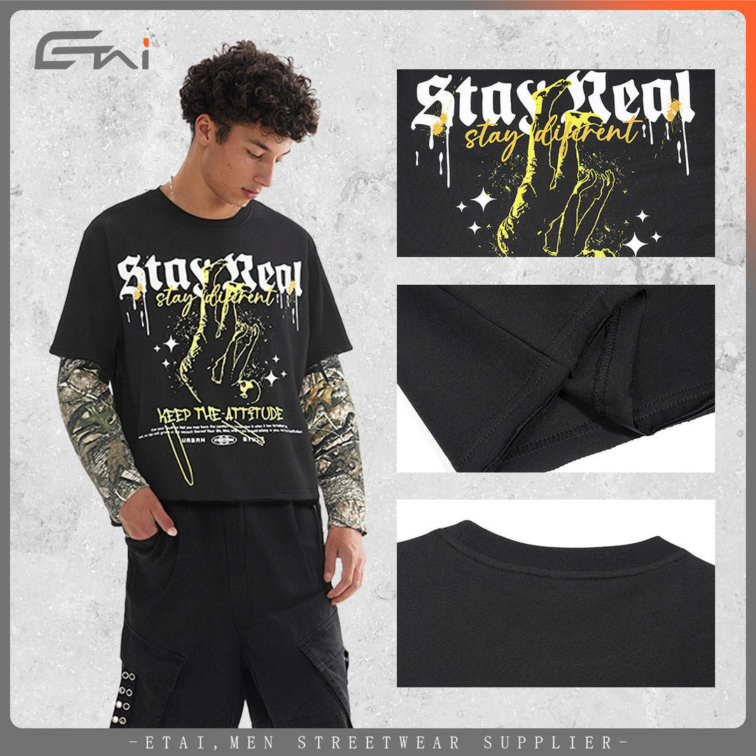 Herren Lagen-Langarm-T-Shirt mit Camouflage-Innensärmeln und Gothic-Print Echo Archiv