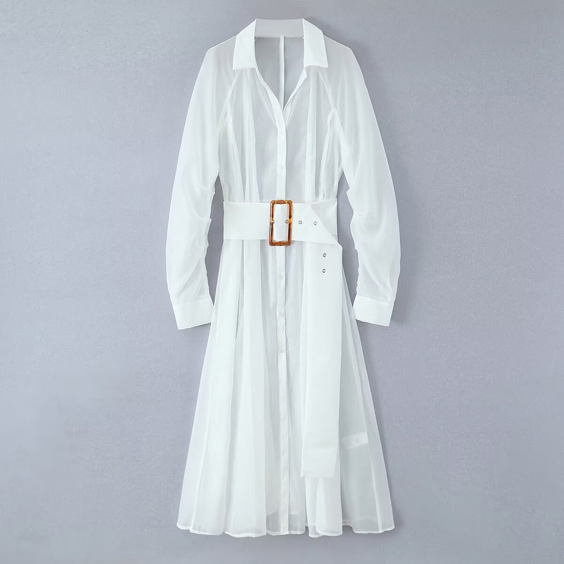 Damen Transparentes Hemdblusenkleid mit weitem Taillengürtel und Volantrock Echoarchiv