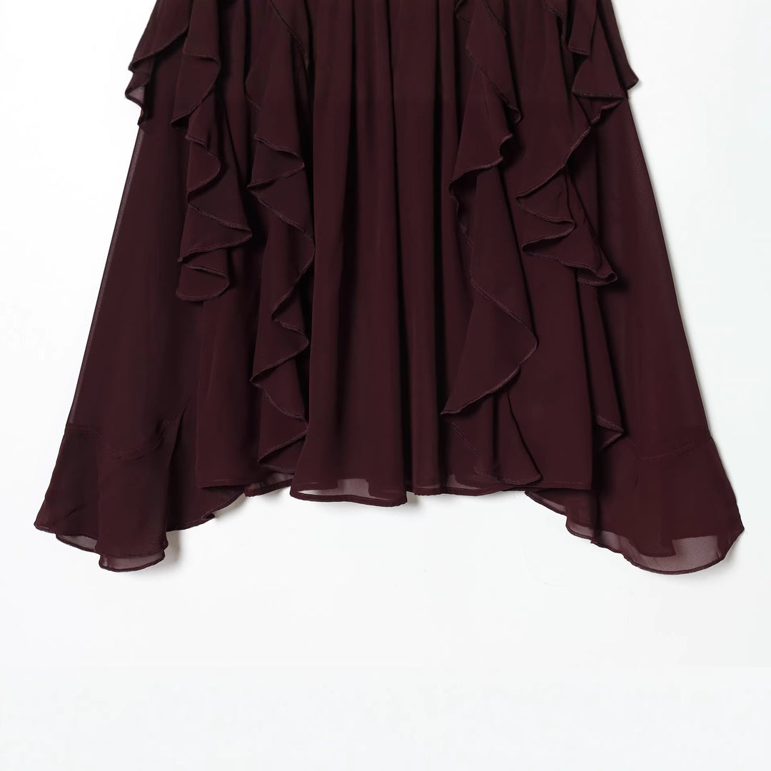 Damen voluminöse Chiffonbluse mit mehrlagigen Volants, gerafftem Ausschnitt und lockerem Fall – Élovi