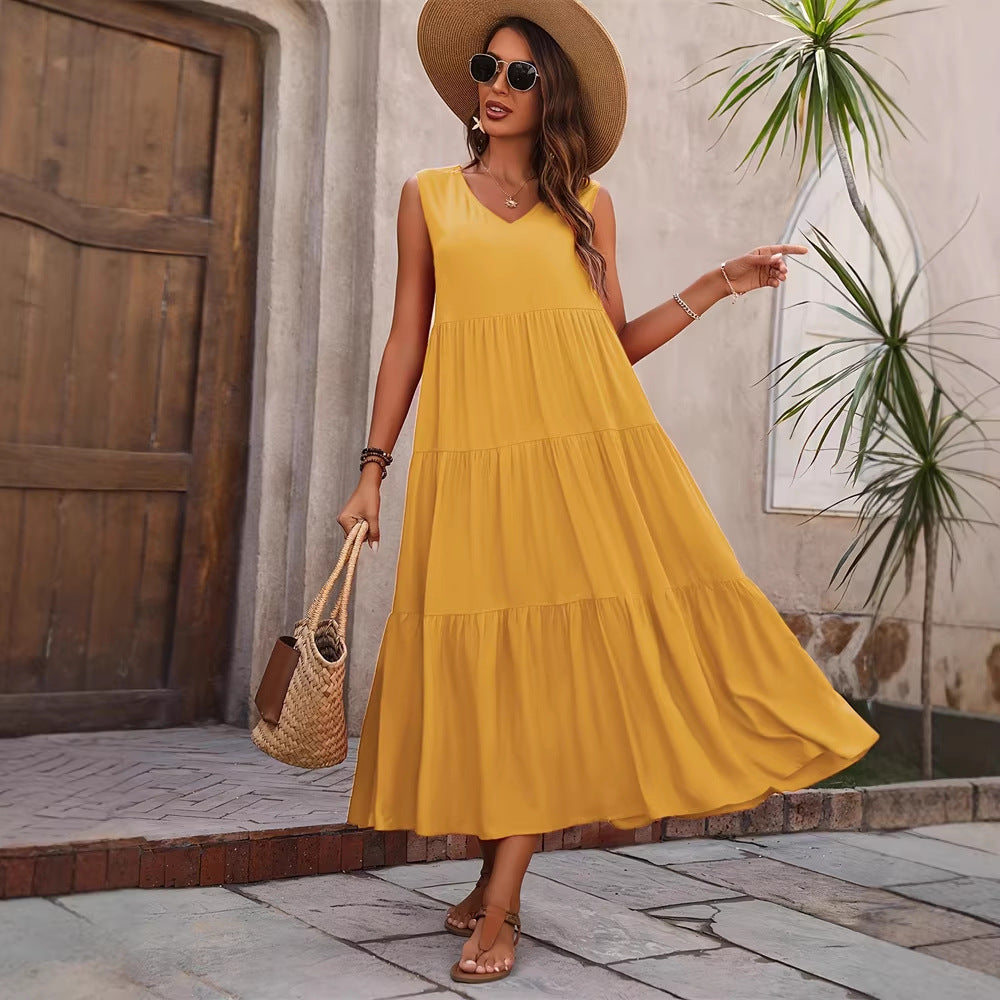 Damen Elegantes Sommer-Maxi-Kleid mit voluminösem Rock und V-Ausschnitt Echo Archiv