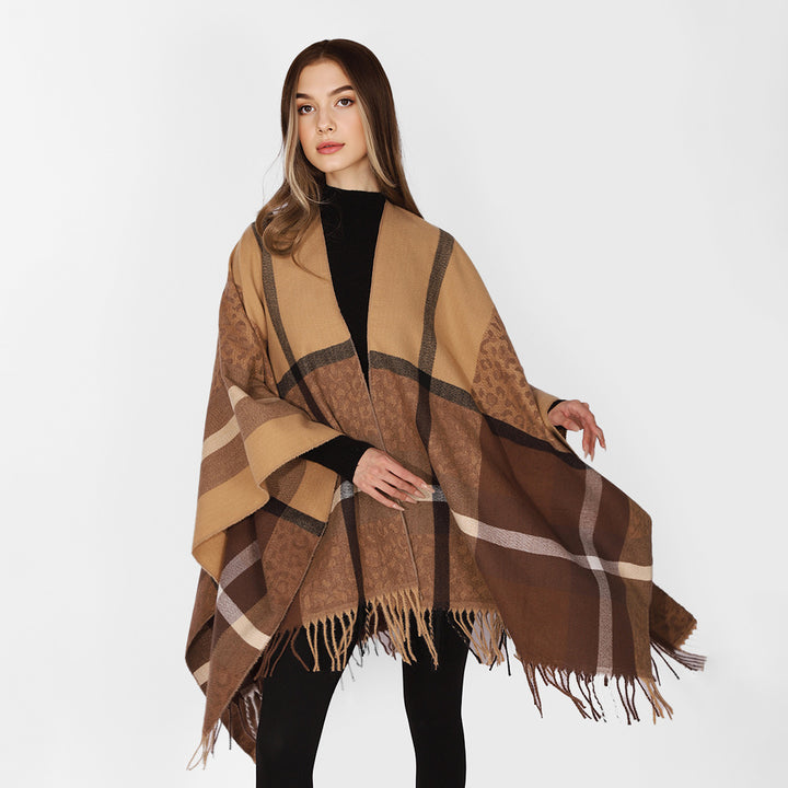 Damen Übergroßer Poncho mit Fransen und Karomuster Echo Archiv