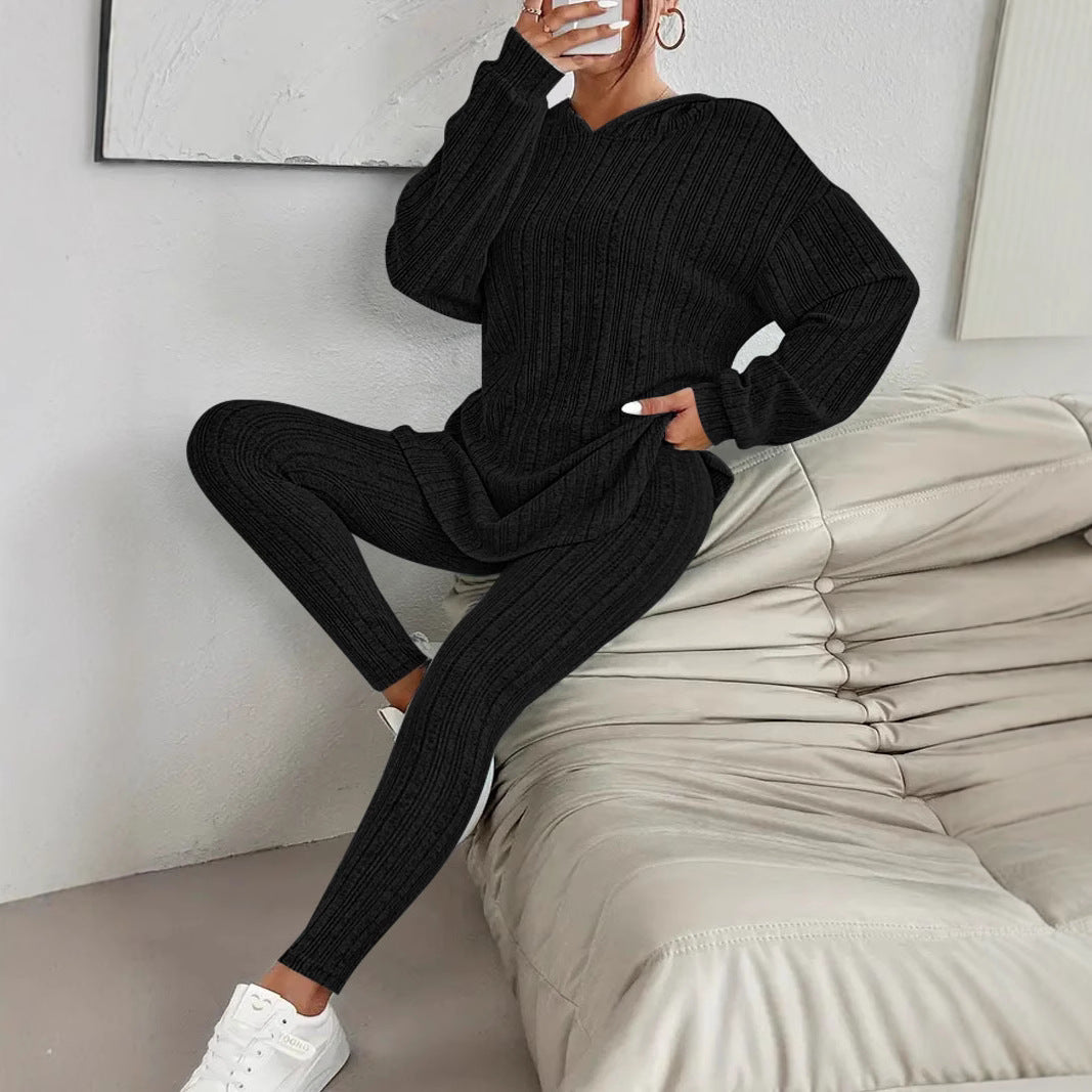 Damen Geripptes Feinstrick‑Loungewear‑Set mit Kapuzenpullover und hochtaillierten Leggings Echoarchiv