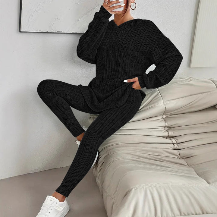 Damen Geripptes Feinstrick‑Loungewear‑Set mit Kapuzenpullover und hochtaillierten Leggings Echoarchiv