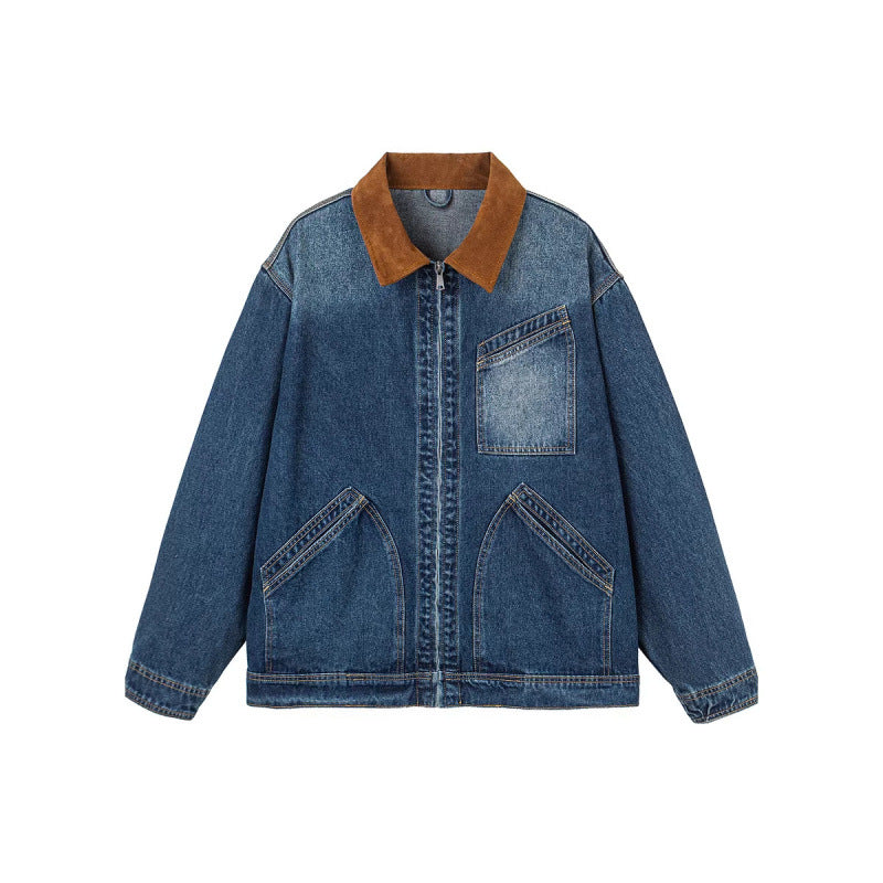 Herren Boxy-Denimjacke im Worker-Stil mit Cordkragen und Frontreißverschluss Echo Archiv