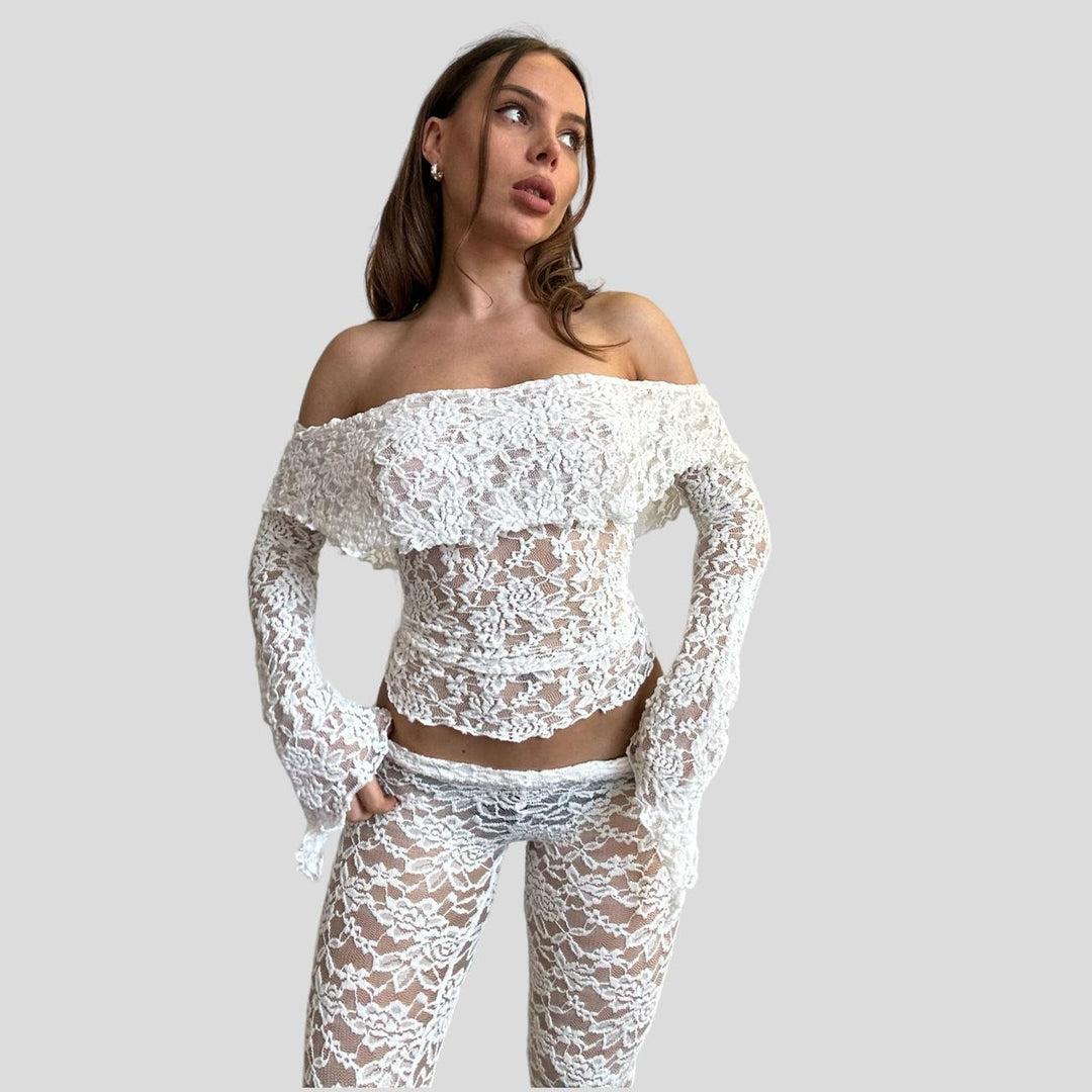 Damen Spitzen-Crop-Top mit weitem Ärmel und passenden Hose Echo Archiv