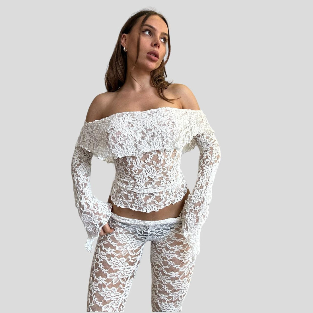 Damen Spitzen-Crop-Top mit weitem Ärmel und passenden Hose – Élanora