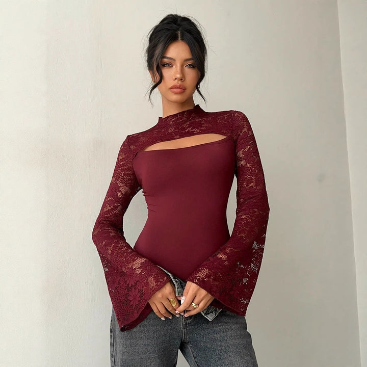 Damen Body mit transparenten Spitzenärmeln und modernem Cut-Out Echo Archiv
