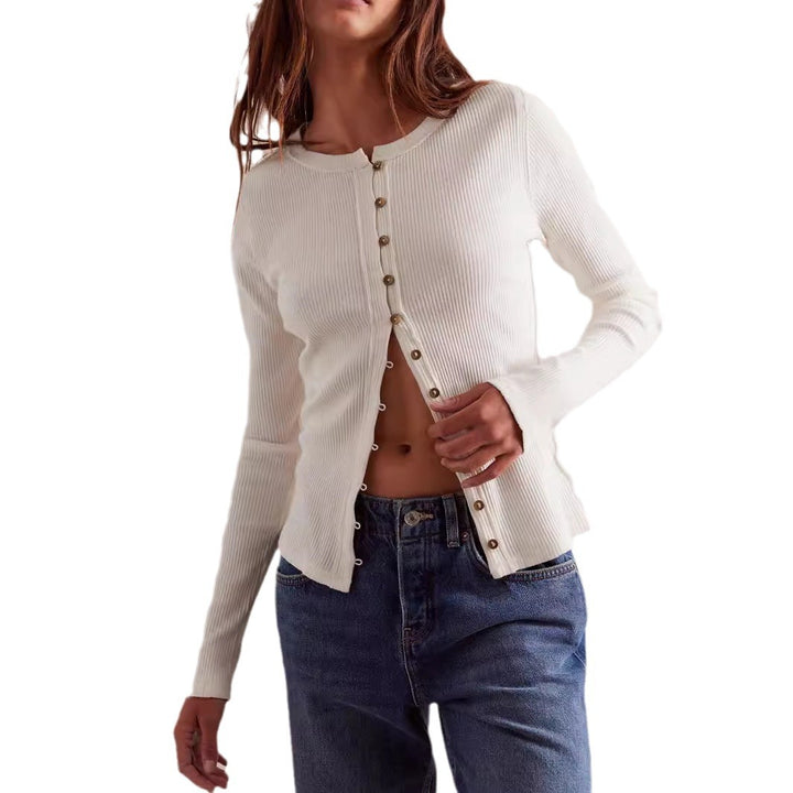 Damen gerippte taillenbetonte Knopf-Strickjacke mit Rundhals – Avérine