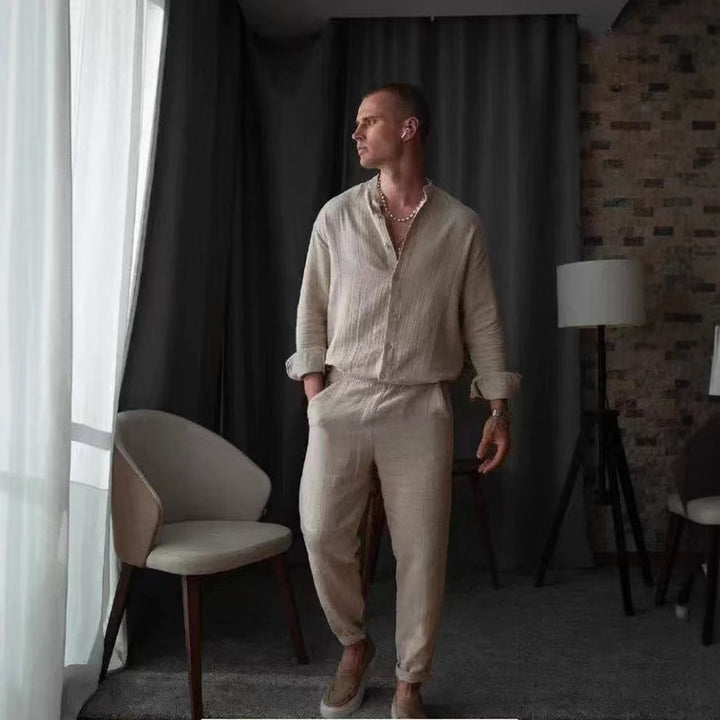 Herren elegantes Langarmhemd mit strukturiertem Gewebe und Knopfleiste Echoarchiv