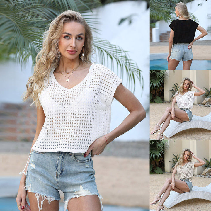 Damen luftige Häkelbluse mit elegantem V-Ausschnitt und Kordelzug Echo Archiv