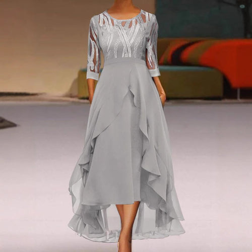Damen nan edles Chiffon-Abendkleid mit besticktem Tülloberteil, Dreiviertelärmeln und asymmetrischem Stufen-Saum Echo Archiv