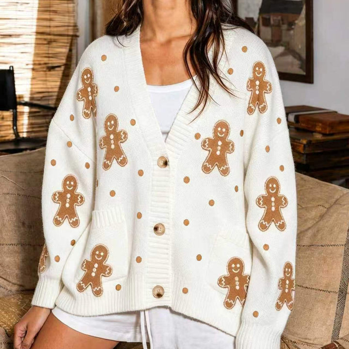 Damen nan oversized Strickcardigan mit Lebkuchenstickerei und tiefem V-Ausschnitt Echo Archiv