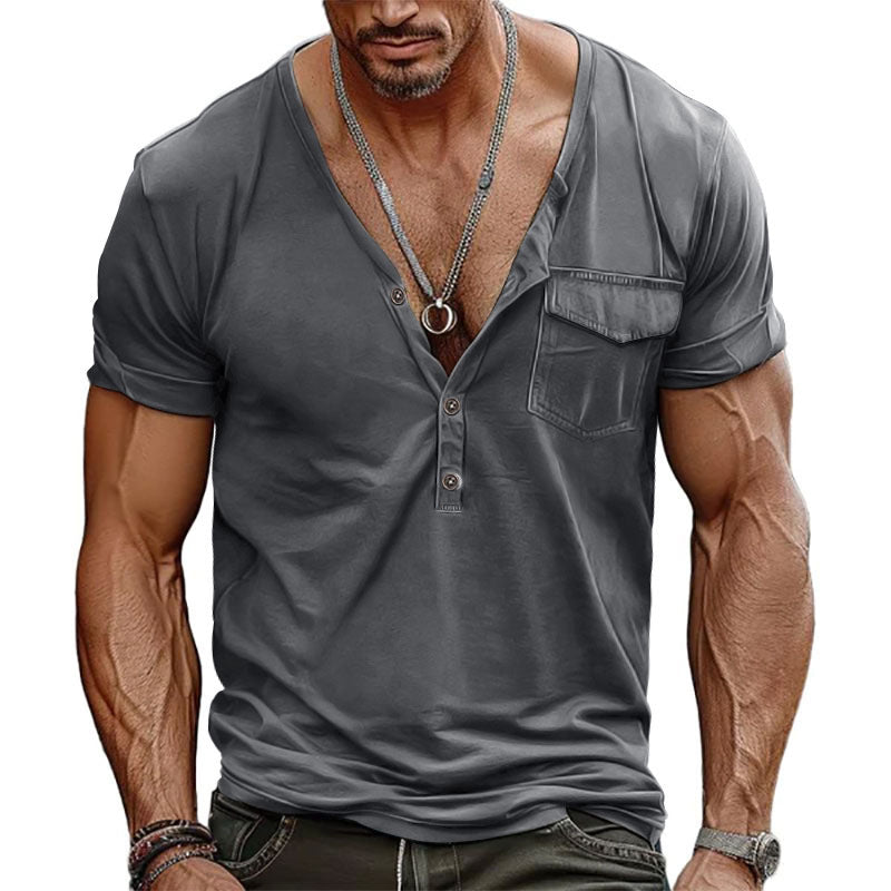 Herren Kurzarm-Henley-T-Shirt mit dekorativer Brusttasche und modernem Schnitt Echoarchiv