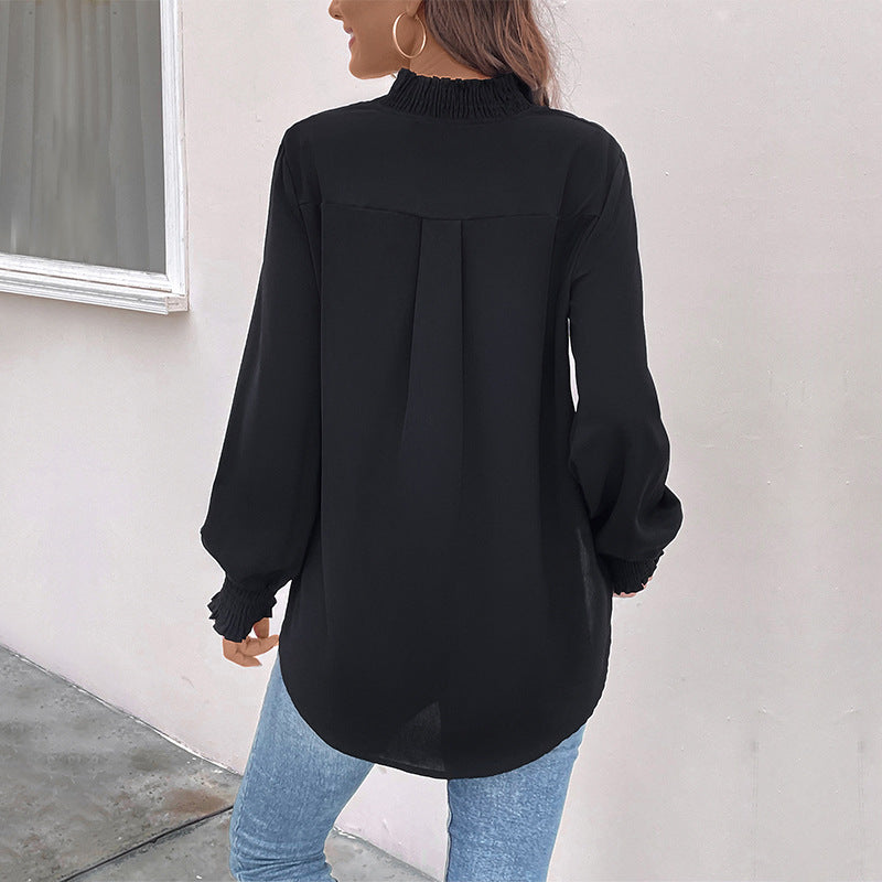 Damen Lockeres V-Ausschnitt-Blusenshirt mit Smokmanschetten und geradem Saum Echoarchiv