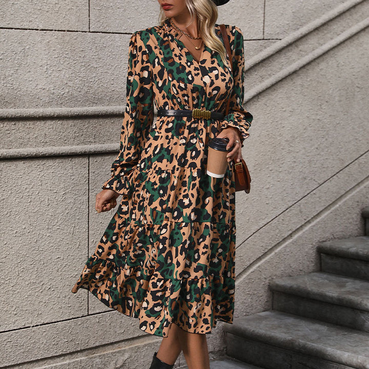 Damen Wickel-Midikleid mit Leopardenmuster, Stufenrock und elastischer Taillenpassform Echoarchiv