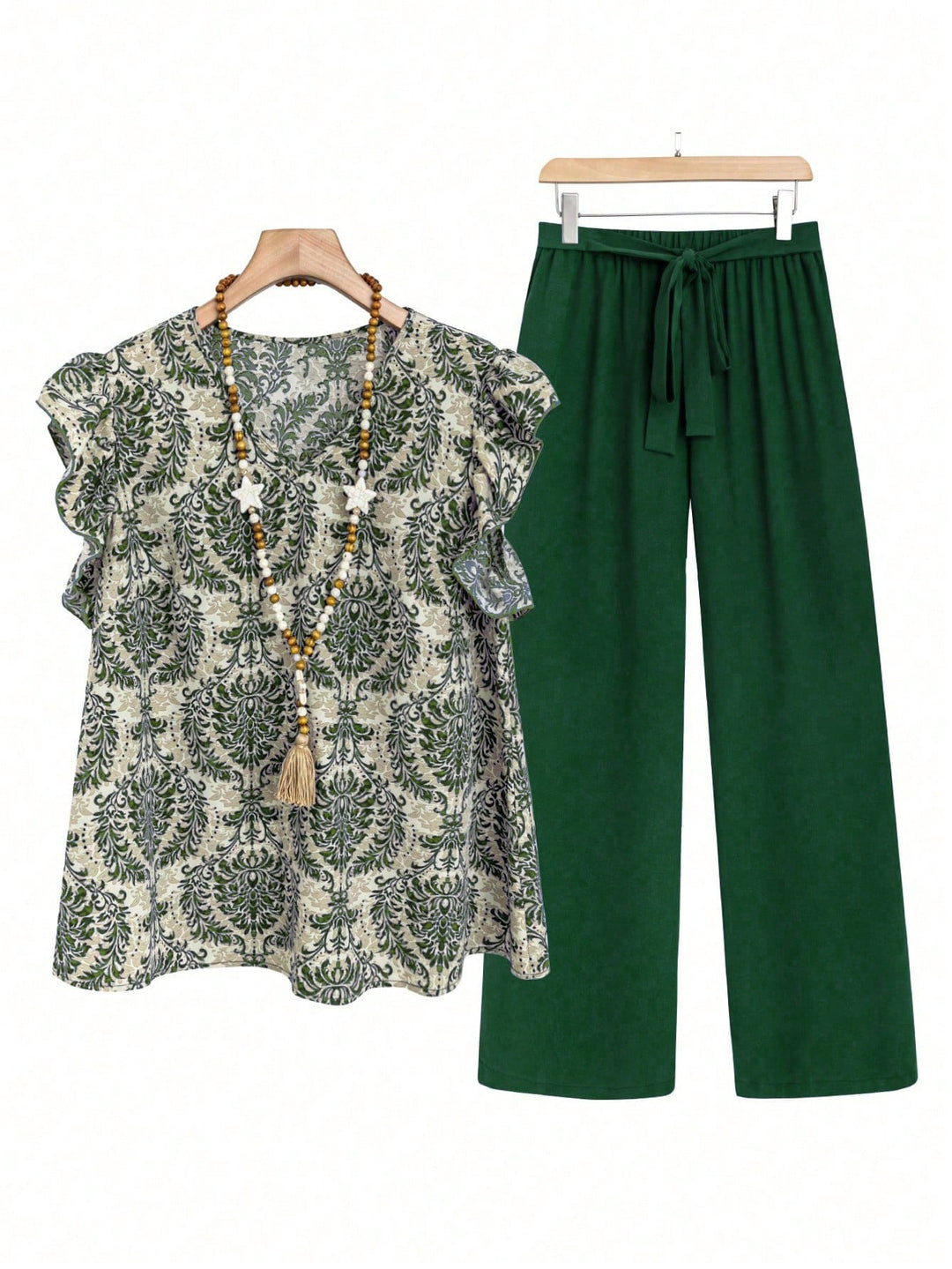 Damen Zweiteiliges Ensemble mit Rüschen-Printbluse und weitem Taillen-Hosenmodell – Élanora