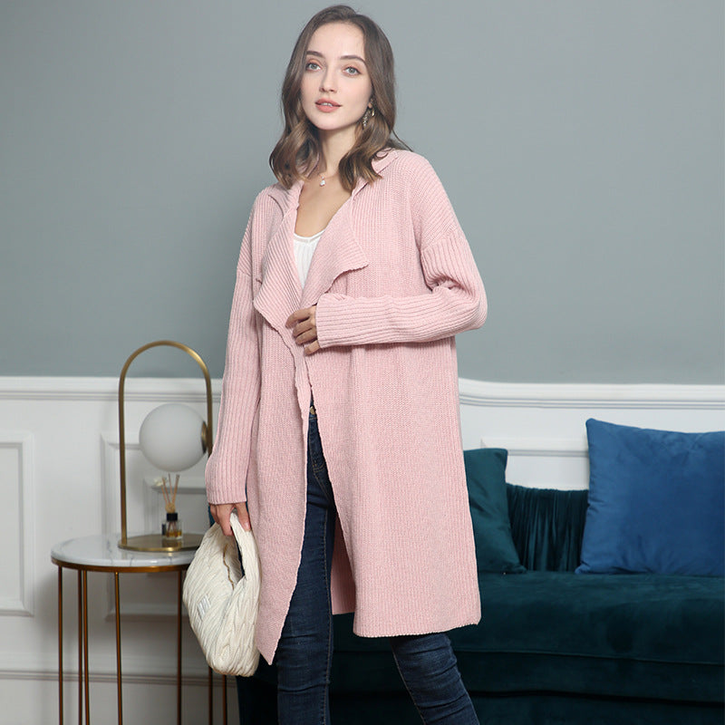 Damen langer offener Rippstrick-Cardigan mit weitem Schalkragen Echo Archiv
