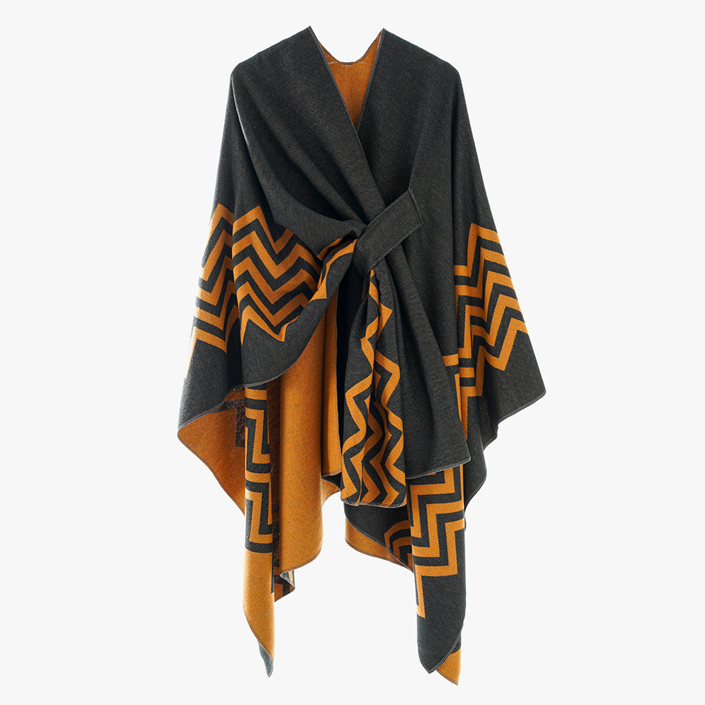 Damen Oversize Rechteck-Cape mit Jacquard-Zickzackmuster und Bindegürtel – Avérine