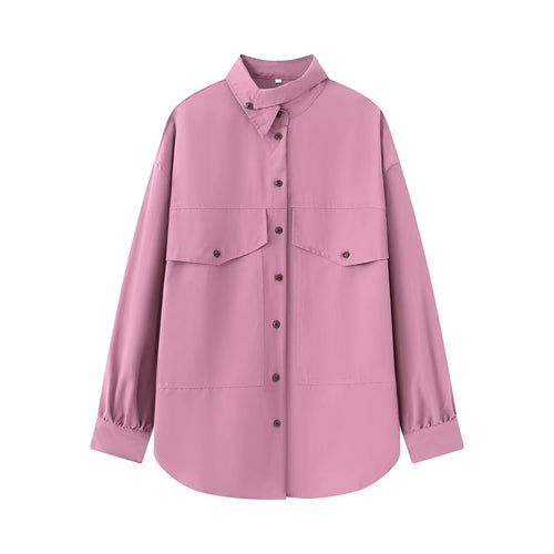 Damen Oversize-Hemdbluse-Jacke mit Pattentaschen und Stehkragen Echo Archiv
