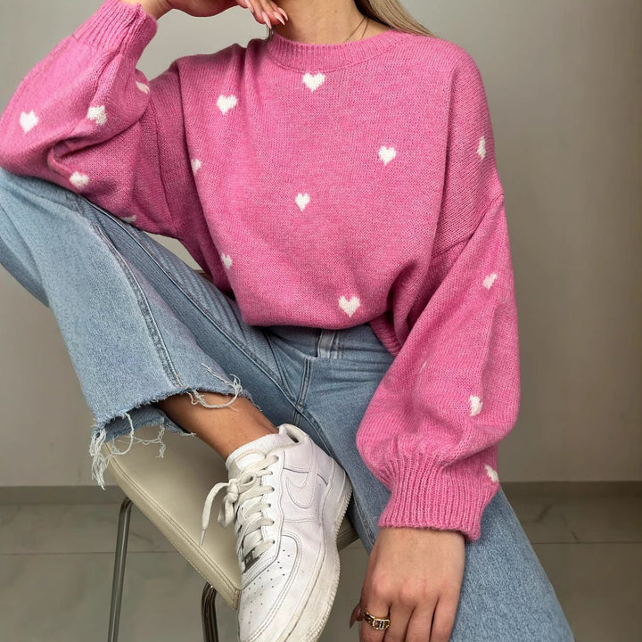 Damen nan oversized Strickpullover mit Herzintarsien und Ballonärmeln Echo Archiv