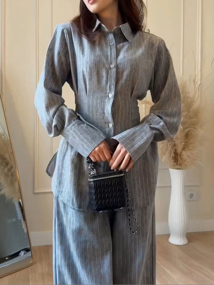 Damen Leichtes Leinen-Loungewear-Set mit Oversize-Hemd und weiter Bundhose Echoarchiv