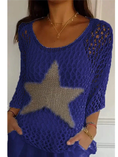 Damen nan oversized gehäkelter Pullover mit Sternapplikation und 3/4-Ärmeln Echo Archiv