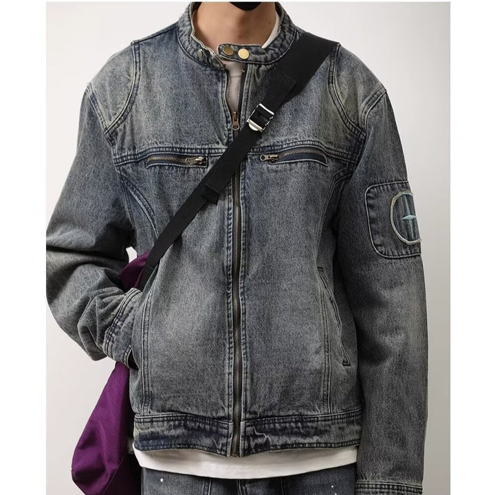 Herren Jeansjacke im Vintage‑Wash mit Stehkragen und Reißverschluss Echo Archiv