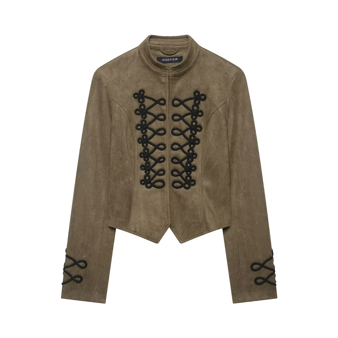 Damen Cropped Veloursjacke mit militärischer Zierkordel und taillierter Schnittführung Echoarchiv