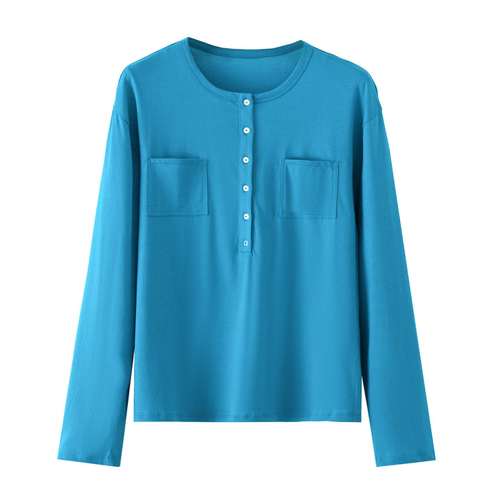 Damen Langarm-Henleyshirt mit Knopfleiste und aufgesetzten Brusttaschen Echo Archiv