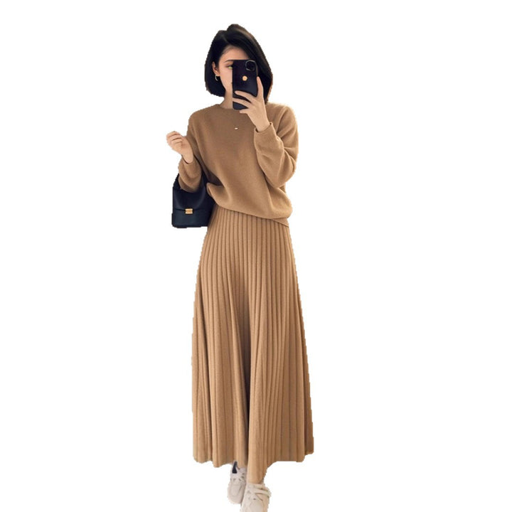 Damen Oversize-Strickpullover und plissierter Maxi-Rock Set Echoarchiv