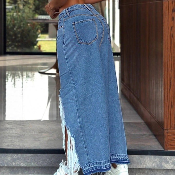 Damen Hochgeschnittener Denim-Midirock mit tiefem Vorderbeinschlitz, Destroyed-Detail und rohem Fransen-Saum Echo Archiv