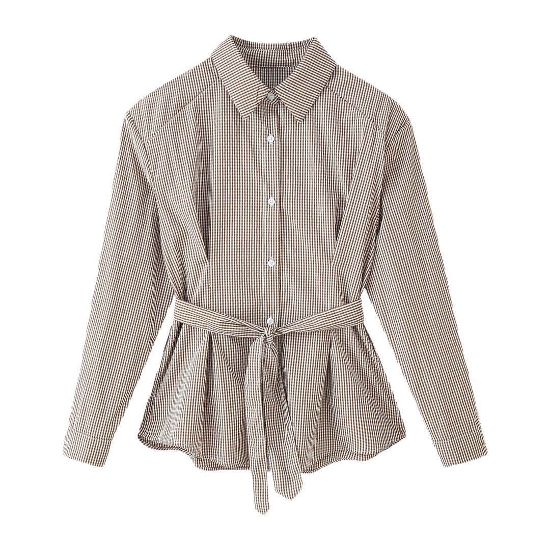 Damen Karo-Hemdbluse mit Taillengürtel und ausgestelltem Volant-Saum Echoarchiv