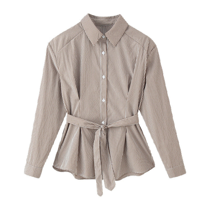 Damen Karo-Hemdbluse mit Taillengürtel und ausgestelltem Volant-Saum Echoarchiv