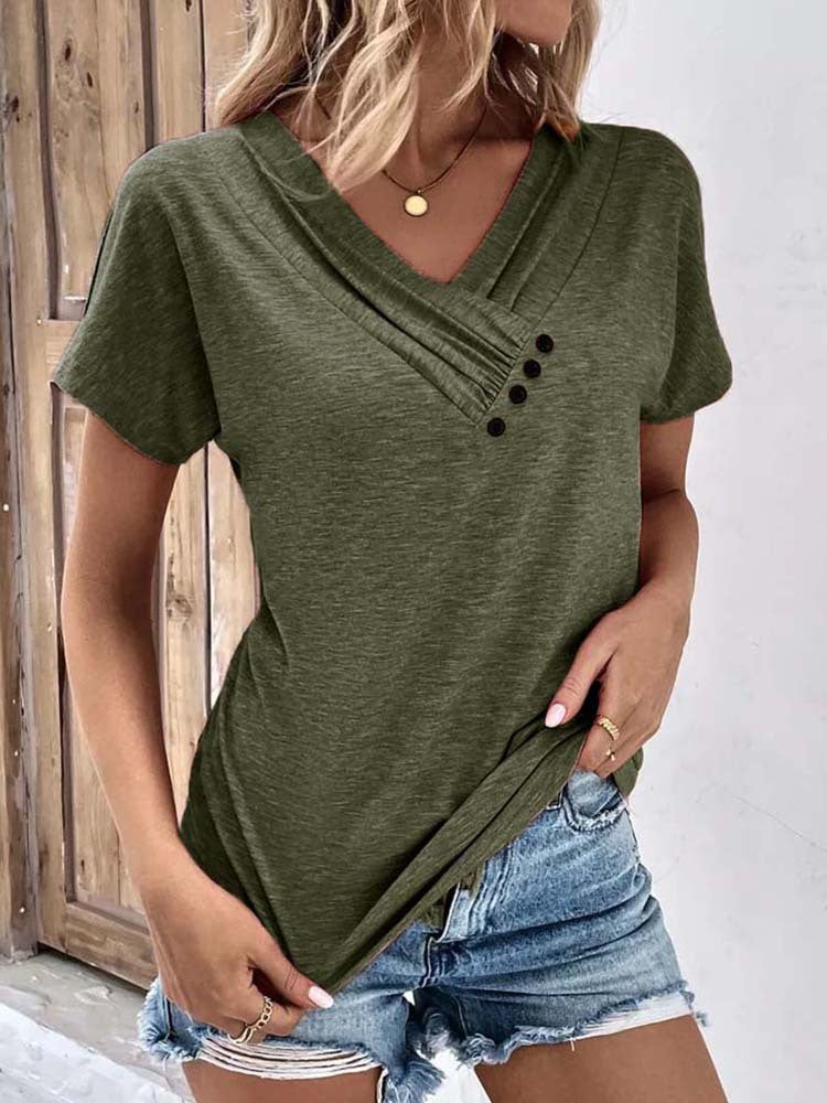 Damen Verspieltes V-Ausschnitt T-Shirt mit raffinierten Knopfdetails Echo Archiv