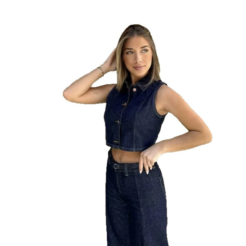 Damen Kurz geschnittene Jeansweste mit taillierter Paneelierung und Metallknopfleiste Echoarchiv
